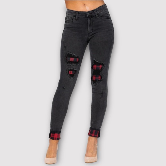 Judy Blue black distressed skinny jeans 14W buffalo plaid patch JB82191 stretch - Picture 1 of 11